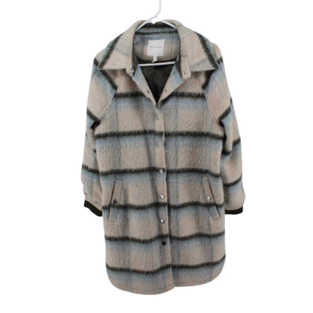 Avec Les Filles Oversized Plaid Longline Coat S Cream Olive Wool Blend - Picture 1 of 7